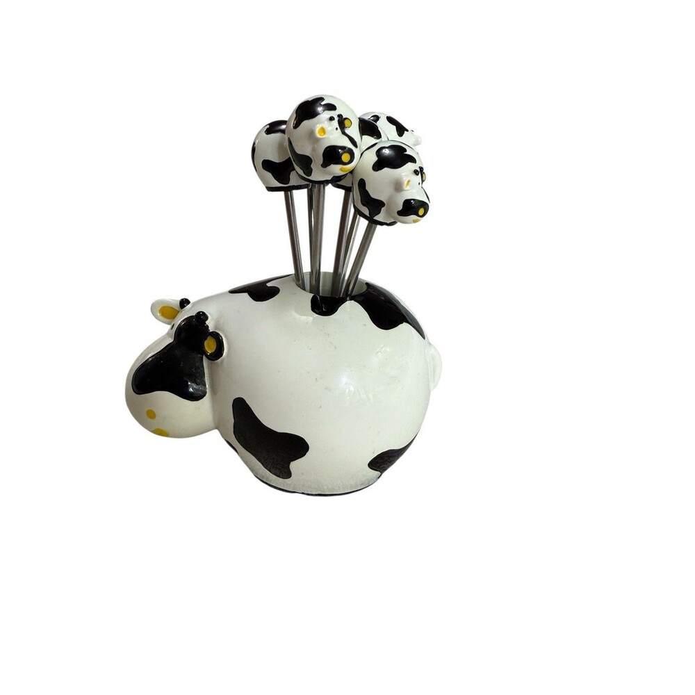 Boska Holland Cow Appetizer Fork Set 6 Ceramic Holder Farmhouse